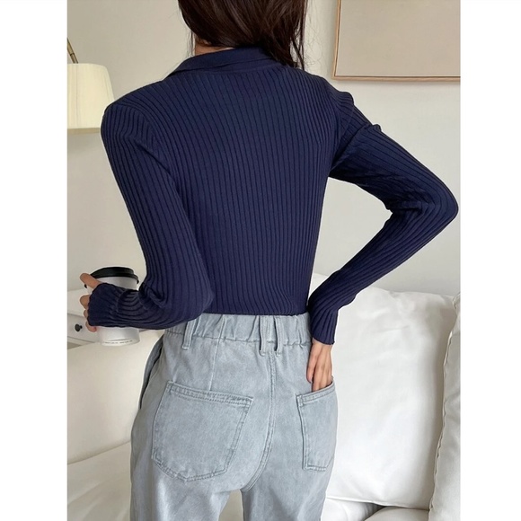 Navy Blue Rib Knit Polo Long Sleeve Sweater Shirt  V-Neck Stretchy - Picture 3 of 11